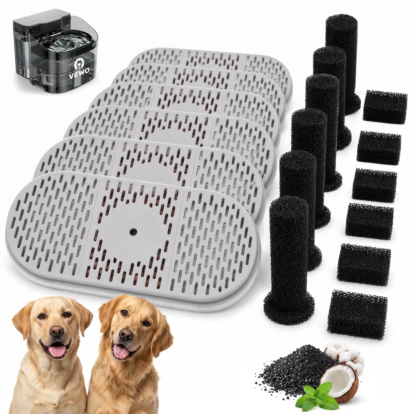 VEWO Replacement Filters for 11L Dog Water Fountain, 6-Pack Activated Carbon Pet Fountain Filters with Filter Sponges and Pump Sponges, Compatible with VEWO Large Dog Water Fountain,Back to School