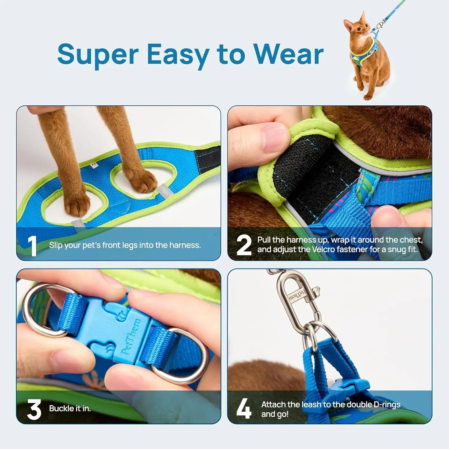 Petthem Adjustable Reflective Cat Harness and Leash Set, Soft Mesh Vest for Comfortable and Secure Outdoor Walks, Lightweight and Escape-Proof Design for Cats and Small Dogs