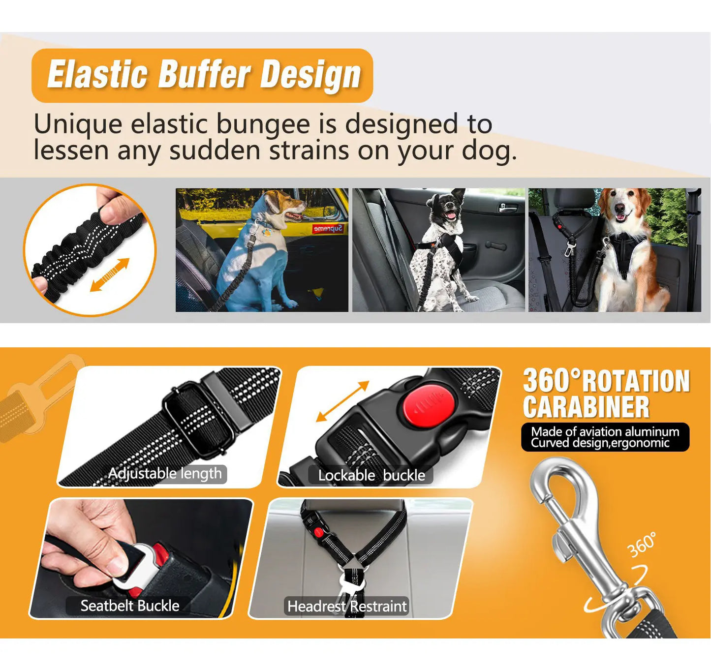 Enhanced Cushioned Dog Car Seat Belt - 3-in-1 Multifunctional Pet Safety Leash with Reflective Nylon, Adjustable Restraint Strap, 360° Rotating Metal Buckle, Compatible with All Car Models for Medium-Sized Dogs