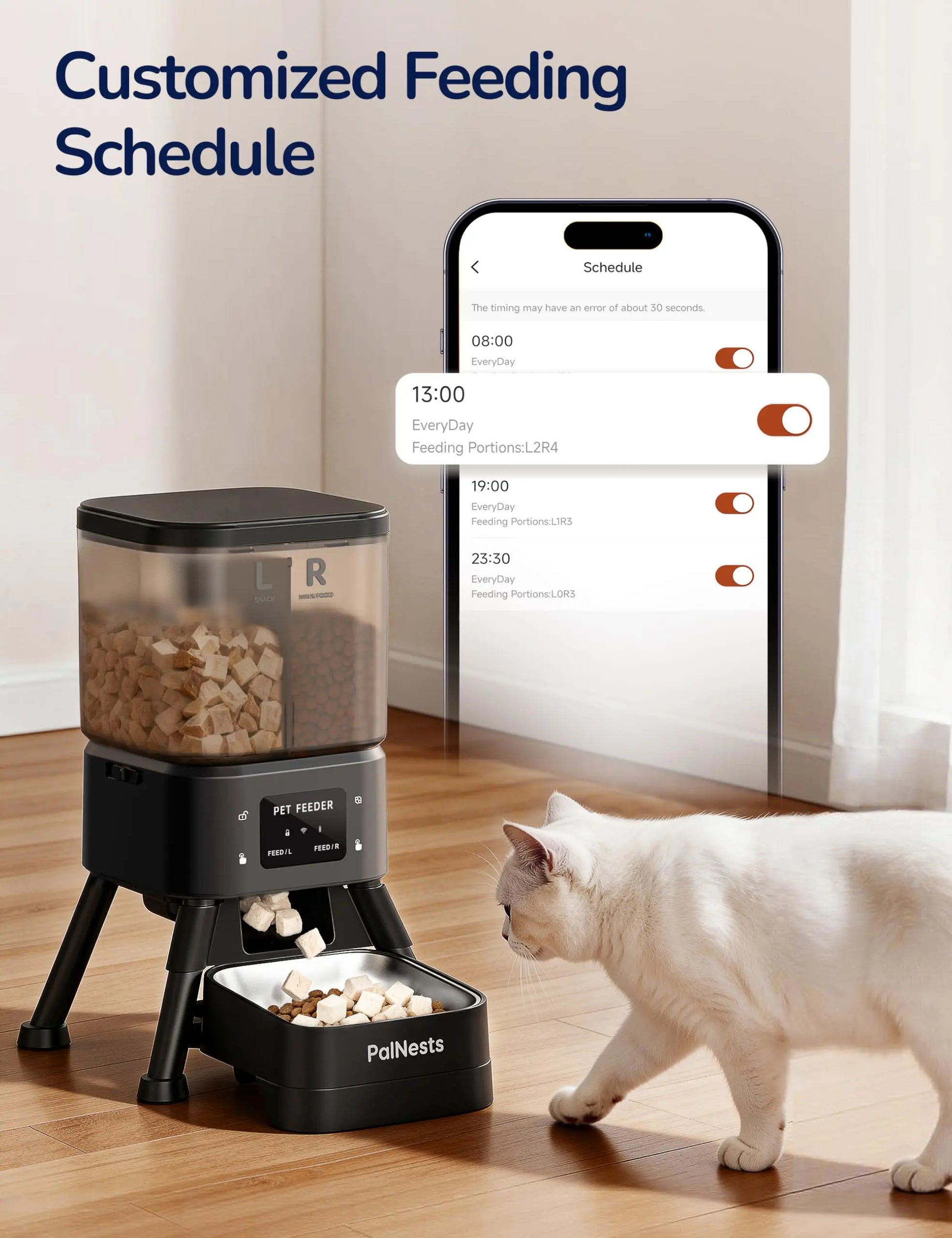 Palnests Smart Automatic Pet Feeder with Dual Cavities, 4L Capacity, Stainless Steel Bowls, WiFi Connectivity, Airtight Fresh Lock, App Control, Custom Feeding Plans, Dual Power Backup, and Low Food Alerts for Cats and Small to Medium Dogs