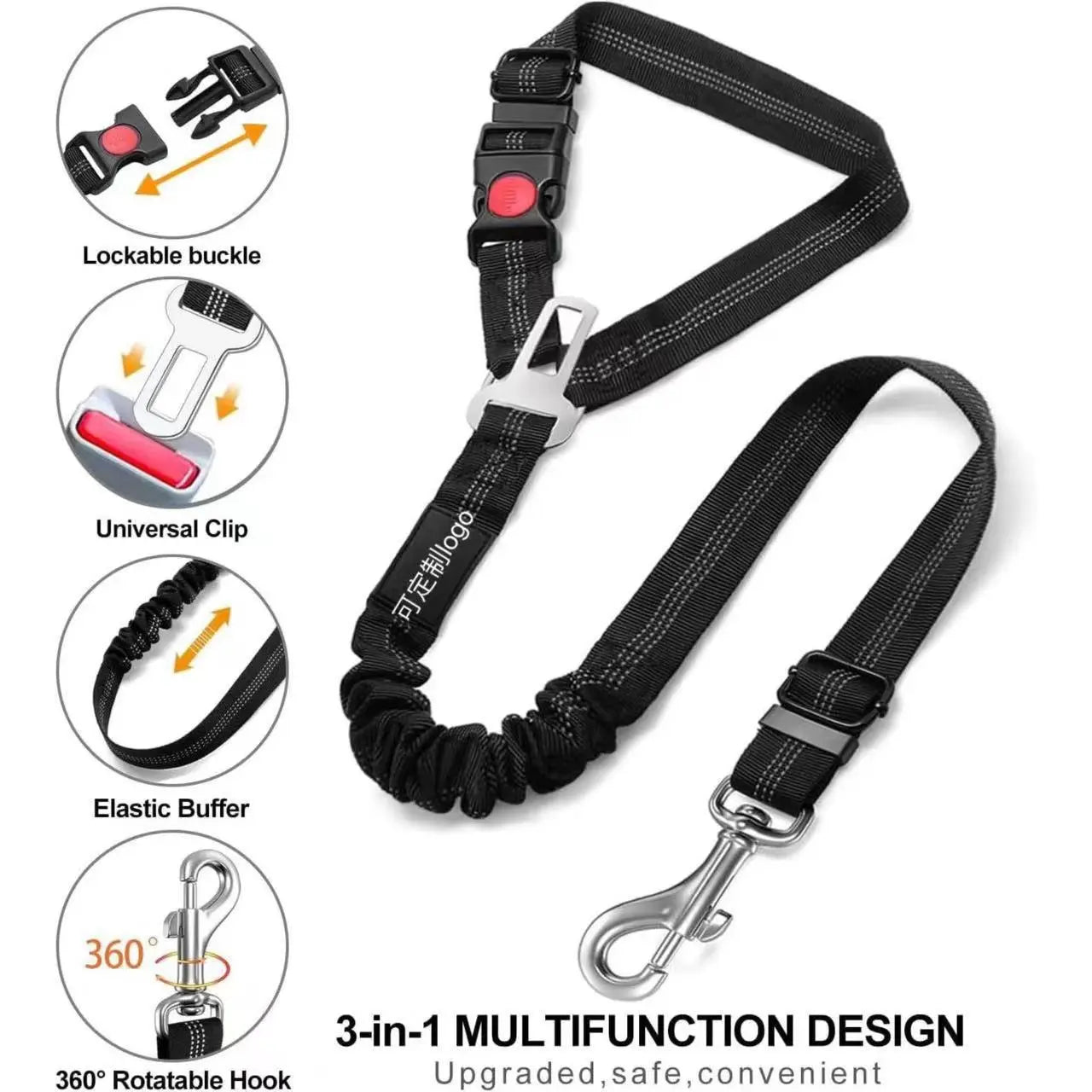 Enhanced Cushioned Dog Car Seat Belt - 3-in-1 Multifunctional Pet Safety Leash with Reflective Nylon, Adjustable Restraint Strap, 360° Rotating Metal Buckle, Compatible with All Car Models for Medium-Sized Dogs