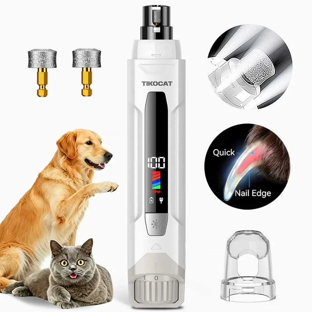 TIKOCAT Pet Nail Grinder,Ultra Quiet Electric Grooming Tool with 4 LED Lights, Safe & Stress-Free for Sensitive Dogs Cats of All Breeds & Sizes, 3 Grinding Bits, 6-Speed,Pet Nail Trimmers, Rechargeable Painless Grooming Trimmer with Dust Cup Sohochic