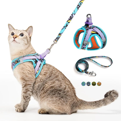 Petthem Adjustable Reflective Cat Harness and Leash Set, Soft Mesh Vest for Comfortable and Secure Outdoor Walks, Lightweight and Escape-Proof Design for Cats and Small Dogs
