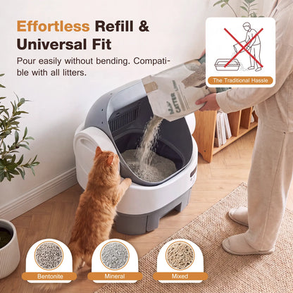 Alifuraha Smart Self-Cleaning Automatic Litter Box - Portable Open-Top, 3.5Lbs-22Lbs Mixed Cats, Large Capacity, App-Free Plug-And-Play, 4-Layer Advanced Safety, Easy-Washable Drum, 15-Day Hands-Free Traveling, Odor Control, Auto/Manual Modes, Portable Li