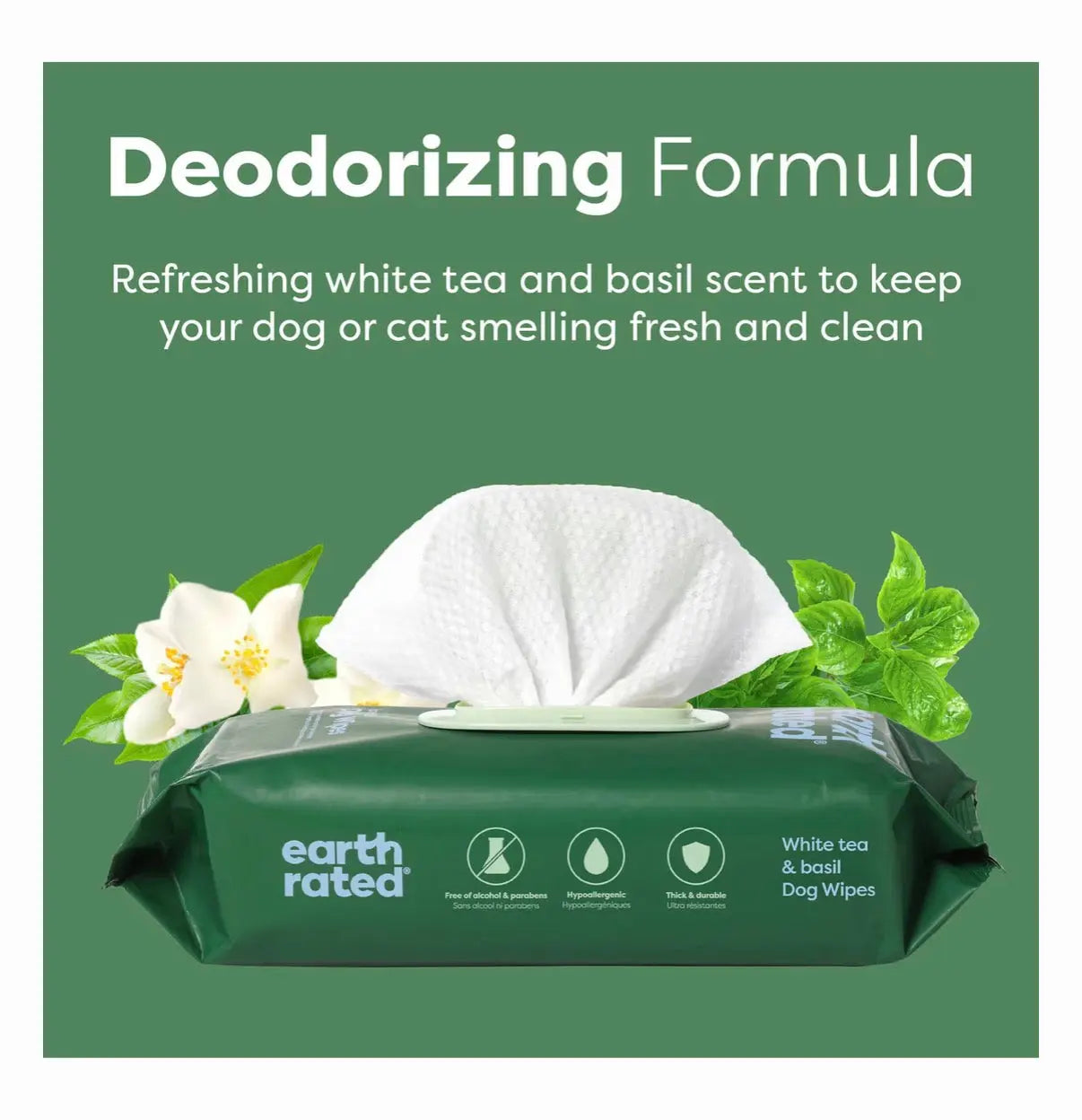 Earth Rated Dog Grooming Wipes with White Tea & Basil - 100 Count