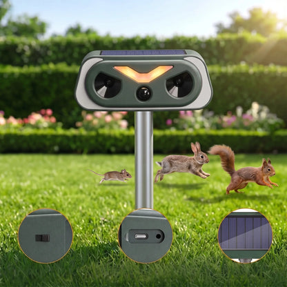 Humane 20-30Hz Low-Frequency Animal Repellent Outdoor - IP66 Waterproof Dog & Cat Training Aid, PIR Sensor, Low-Freq Wave, Solar Charging, ABS Plastic, Motion Sensor Lights, Easy Installation, 9-10In above Ground Placement