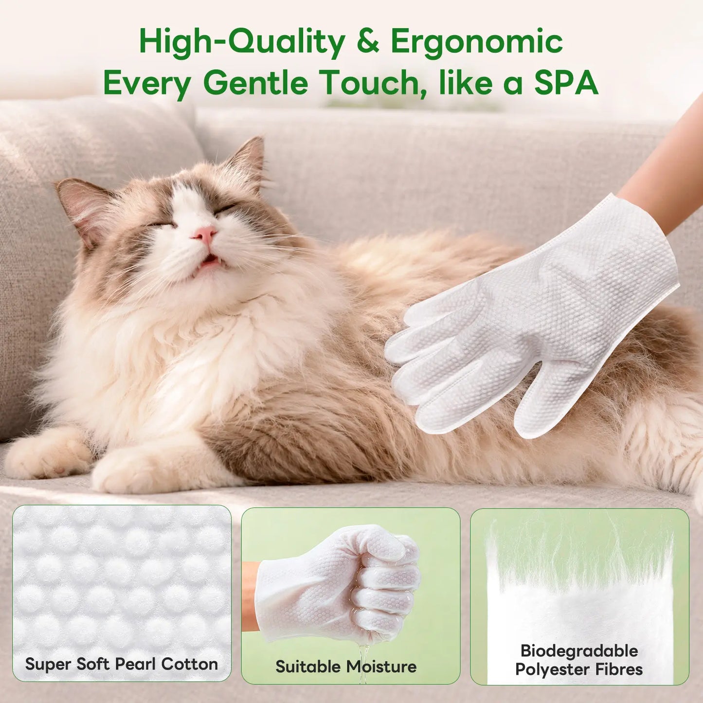 Dog & Cat Cleaning Glove Wipes, No-Rinse Grooming Wipes for Paws, Coat and Everyday Cleanup, Extra-Thick Individually Wrapped Pet Wipes for Home and Travel
