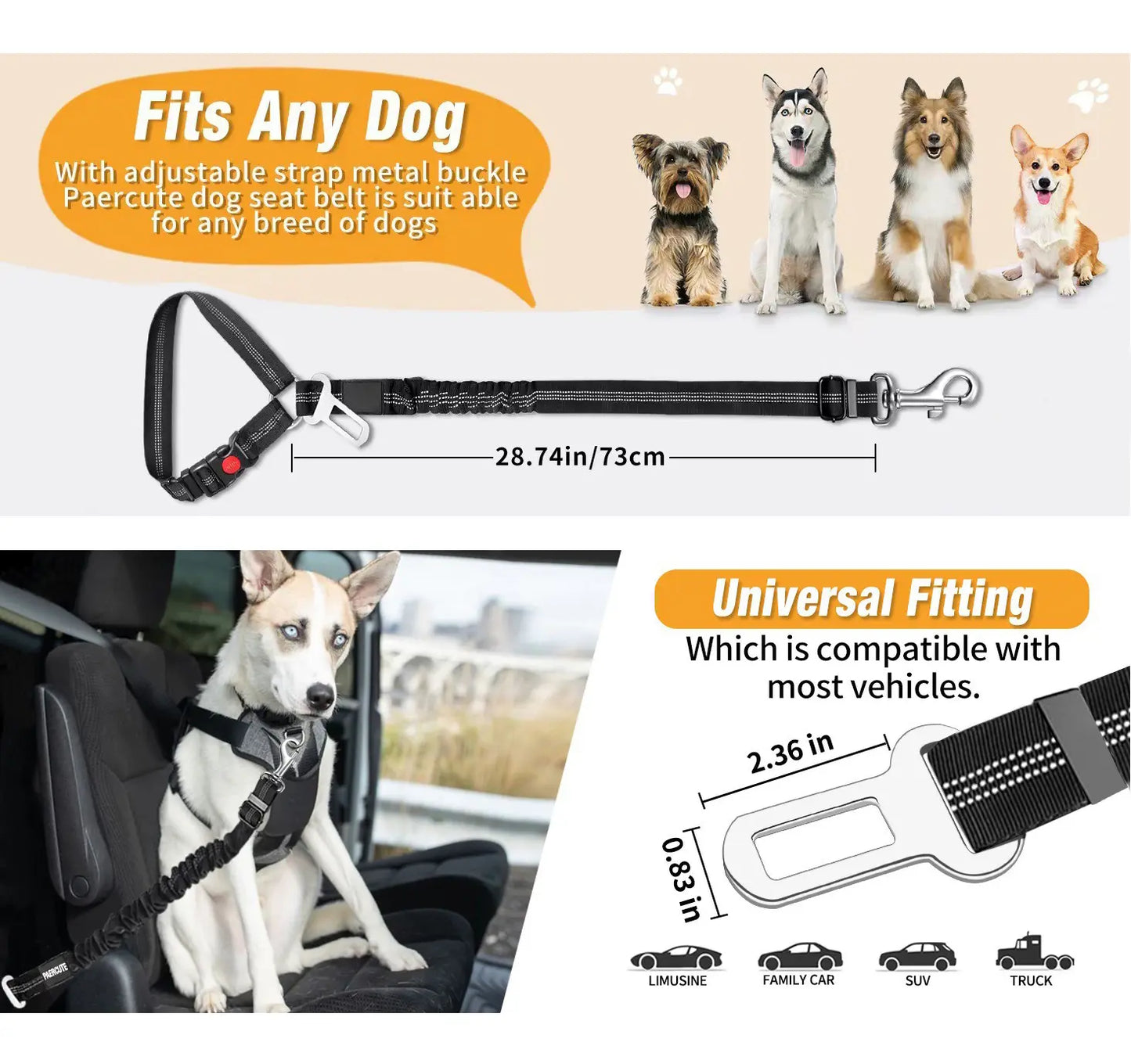 Enhanced Cushioned Dog Car Seat Belt - 3-in-1 Multifunctional Pet Safety Leash with Reflective Nylon, Adjustable Restraint Strap, 360° Rotating Metal Buckle, Compatible with All Car Models for Medium-Sized Dogs