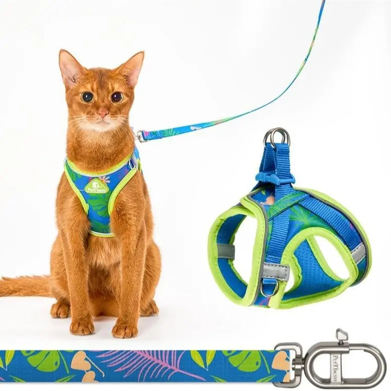Petthem Adjustable Reflective Cat Harness and Leash Set, Soft Mesh Vest for Comfortable and Secure Outdoor Walks, Lightweight and Escape-Proof Design for Cats and Small Dogs