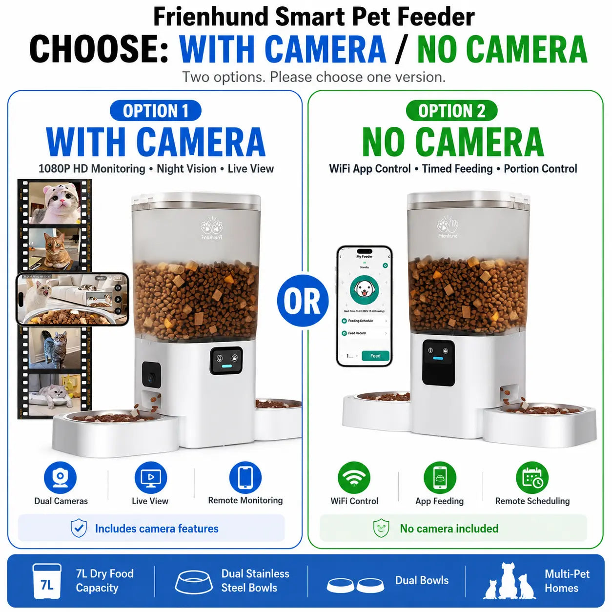 Frienhund Dual Camera Smart Pet Feeder – CHOOSE: with CAMERA / NO CAMERA, with 7L Dry Food Capacity, 1080P HD Monitoring, Night Vision, App Remote Control, Timed & Portion Feeding, Dual Stainless Steel Bowls for Multi-Pet Homes, Dual Bowls