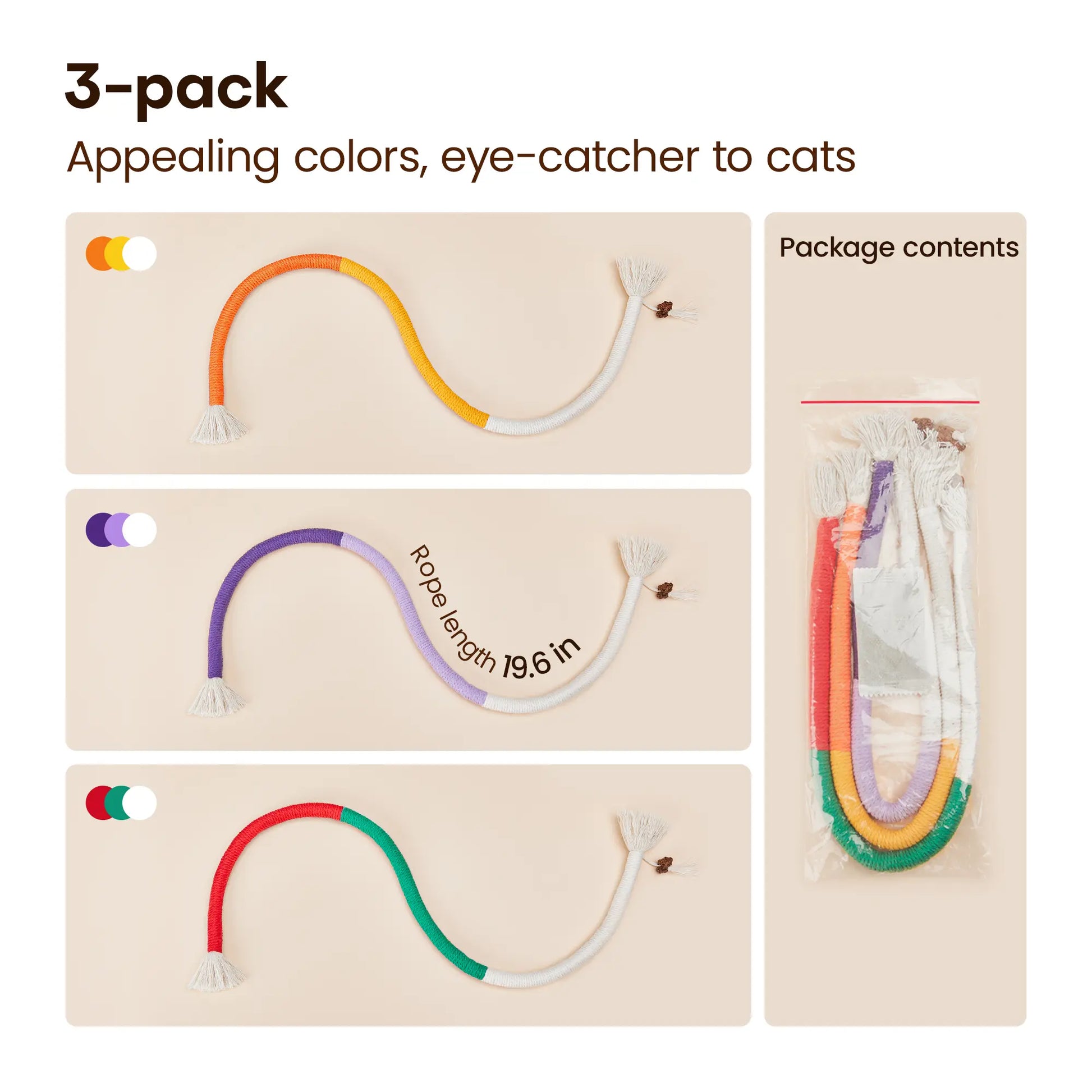 Potaroma 3-Pack Organic Cotton Snake Shape Interactive Cat Chew Ropes - Dental Care Toys for Indoor Kittens, Calming, Fights Tartar, Fresh Breath, Encourages Indoor Play, Tartar Fight Help, Keeps Breath Fresh,Back to School