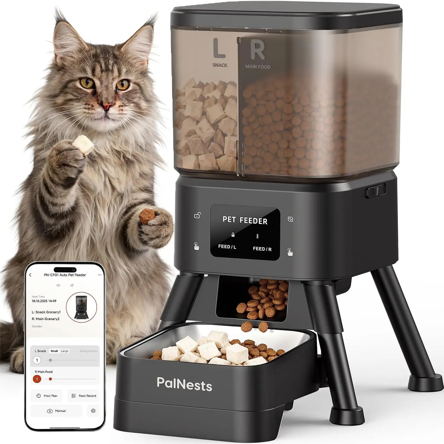 Palnests Smart Automatic Pet Feeder with Dual Cavities, 4L Capacity, Stainless Steel Bowls, WiFi Connectivity, Airtight Fresh Lock, App Control, Custom Feeding Plans, Dual Power Backup, and Low Food Alerts for Cats and Small to Medium Dogs