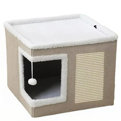 Large Cat Bed for Indoor Cats, Soft Foldable Cat Cave Hideaway for Kittens & Adult Cats with Sisal Scratch Pad & Hanging Fluffy Ball, 16.5"X16.5"X14", Grey