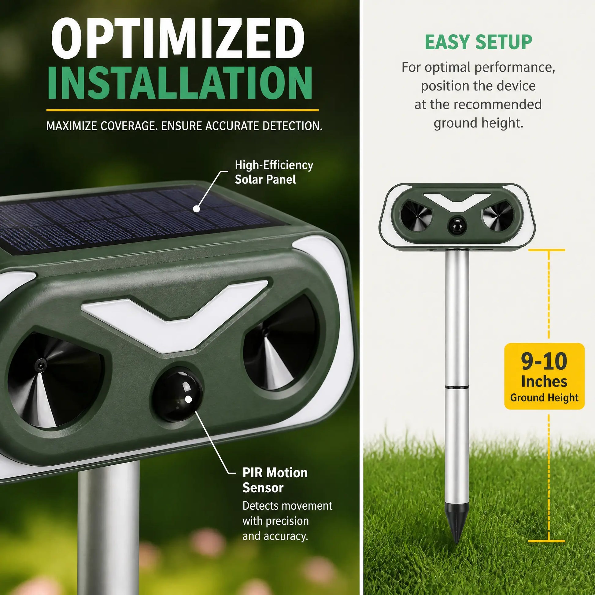 Humane 20-30Hz Low-Frequency Animal Repellent Outdoor - IP66 Waterproof Dog & Cat Training Aid, PIR Sensor, Low-Freq Wave, Solar Charging, ABS Plastic, Motion Sensor Lights, Easy Installation, 9-10In above Ground Placement