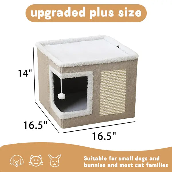 Large Cat Bed for Indoor Cats, Soft Foldable Cat Cave Hideaway for Kittens & Adult Cats with Sisal Scratch Pad & Hanging Fluffy Ball, 16.5"X16.5"X14", Grey