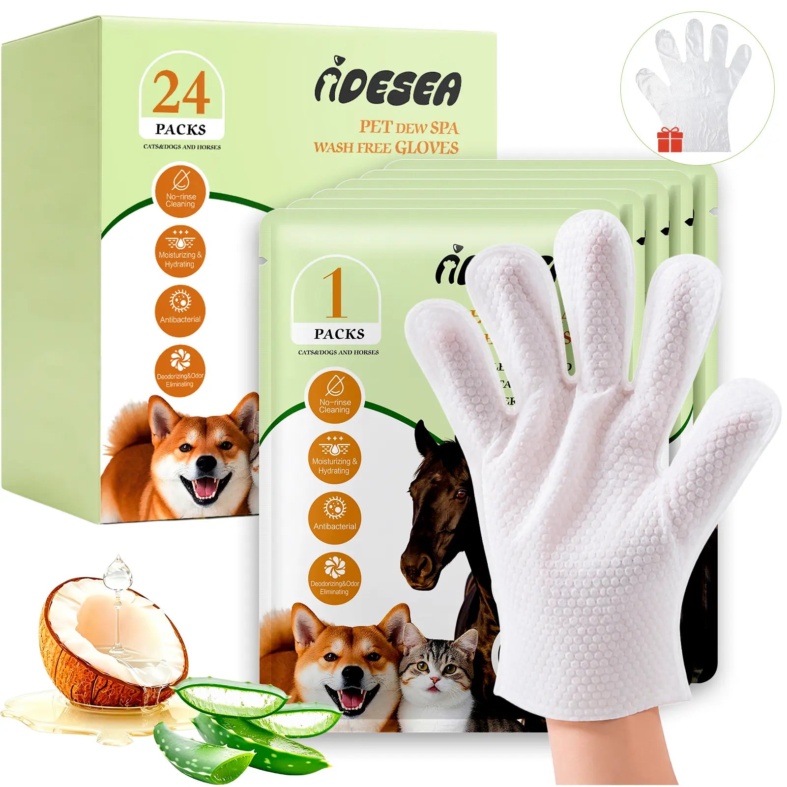 Dog & Cat Cleaning Glove Wipes, No-Rinse Grooming Wipes for Paws, Coat and Everyday Cleanup, Extra-Thick Individually Wrapped Pet Wipes for Home and Travel