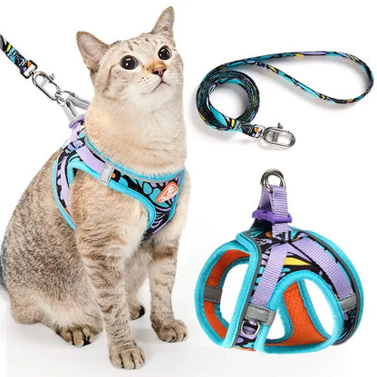 Petthem Adjustable Reflective Cat Harness and Leash Set, Soft Mesh Vest for Comfortable and Secure Outdoor Walks, Lightweight and Escape-Proof Design for Cats and Small Dogs
