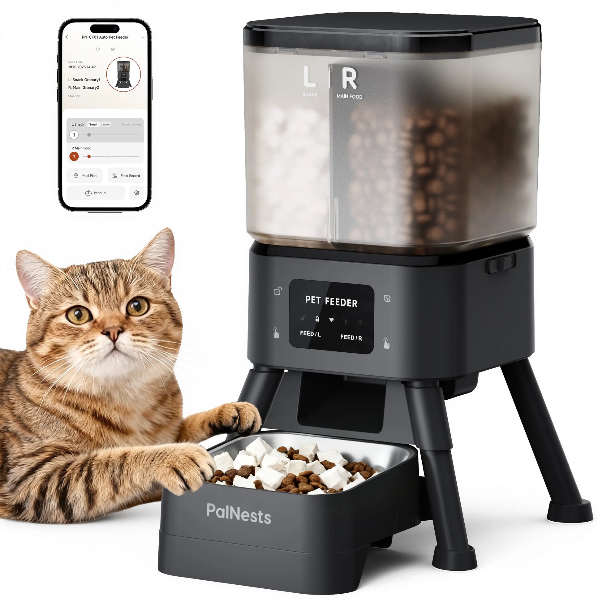 Palnests Smart Automatic Pet Feeder with Dual Cavities, 4L Capacity, Stainless Steel Bowls, WiFi Connectivity, Airtight Fresh Lock, App Control, Custom Feeding Plans, Dual Power Backup, and Low Food Alerts for Cats and Small to Medium Dogs