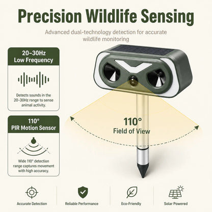Humane 20-30Hz Low-Frequency Animal Repellent Outdoor - IP66 Waterproof Dog & Cat Training Aid, PIR Sensor, Low-Freq Wave, Solar Charging, ABS Plastic, Motion Sensor Lights, Easy Installation, 9-10In above Ground Placement