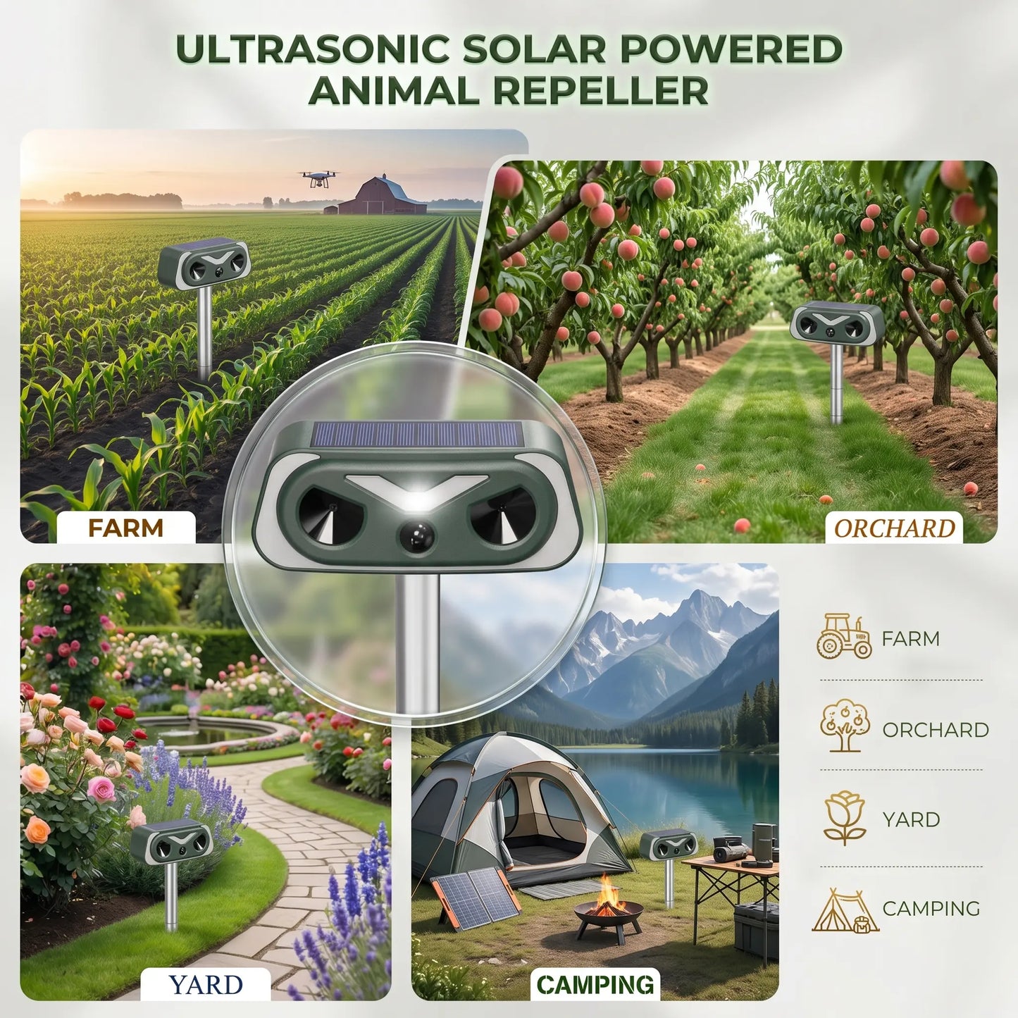Humane 20-30Hz Low-Frequency Animal Repellent Outdoor - IP66 Waterproof Dog & Cat Training Aid, PIR Sensor, Low-Freq Wave, Solar Charging, ABS Plastic, Motion Sensor Lights, Easy Installation, 9-10In above Ground Placement