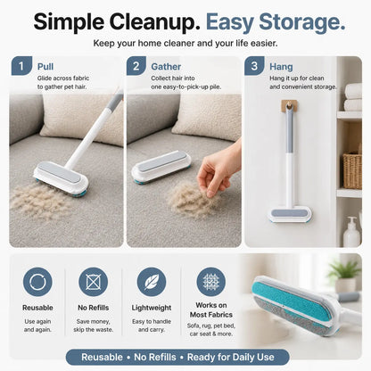 Manual Long-Handle Universal Pet Hair Remover Brush - Reusable, Easy Cleanup, Hair-Gathering Tool for Sofa, Carpet - Dog & Cat Grooming Fabric Cleaner