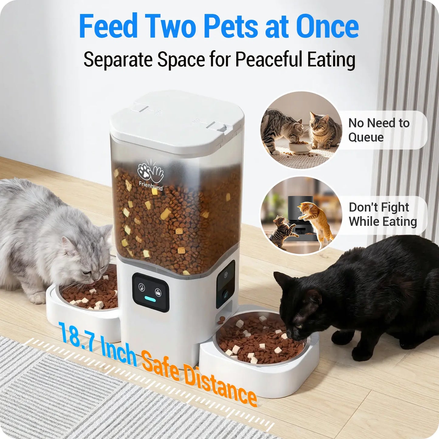 Frienhund Dual Camera Smart Pet Feeder – CHOOSE: with CAMERA / NO CAMERA, with 7L Dry Food Capacity, 1080P HD Monitoring, Night Vision, App Remote Control, Timed & Portion Feeding, Dual Stainless Steel Bowls for Multi-Pet Homes, Dual Bowls