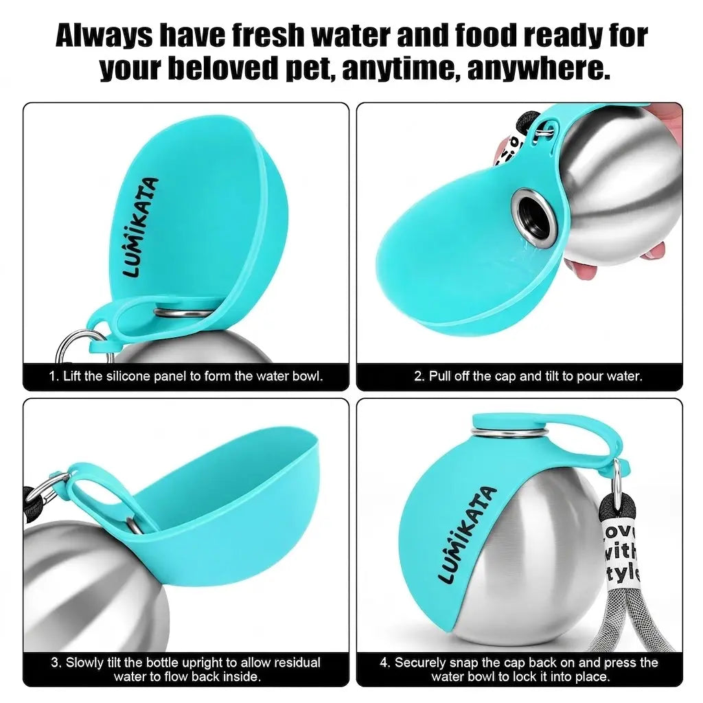 Lumikata 2 in 1 Portable Tumbler for Dogs,Portable Dog Water Ball,10Oz Stainless Steel Dog Water Bottle with Silicone Foldable Bowl, Leak-Proof 2 in 1 Portable Small Dog Water Bottle for Walking
