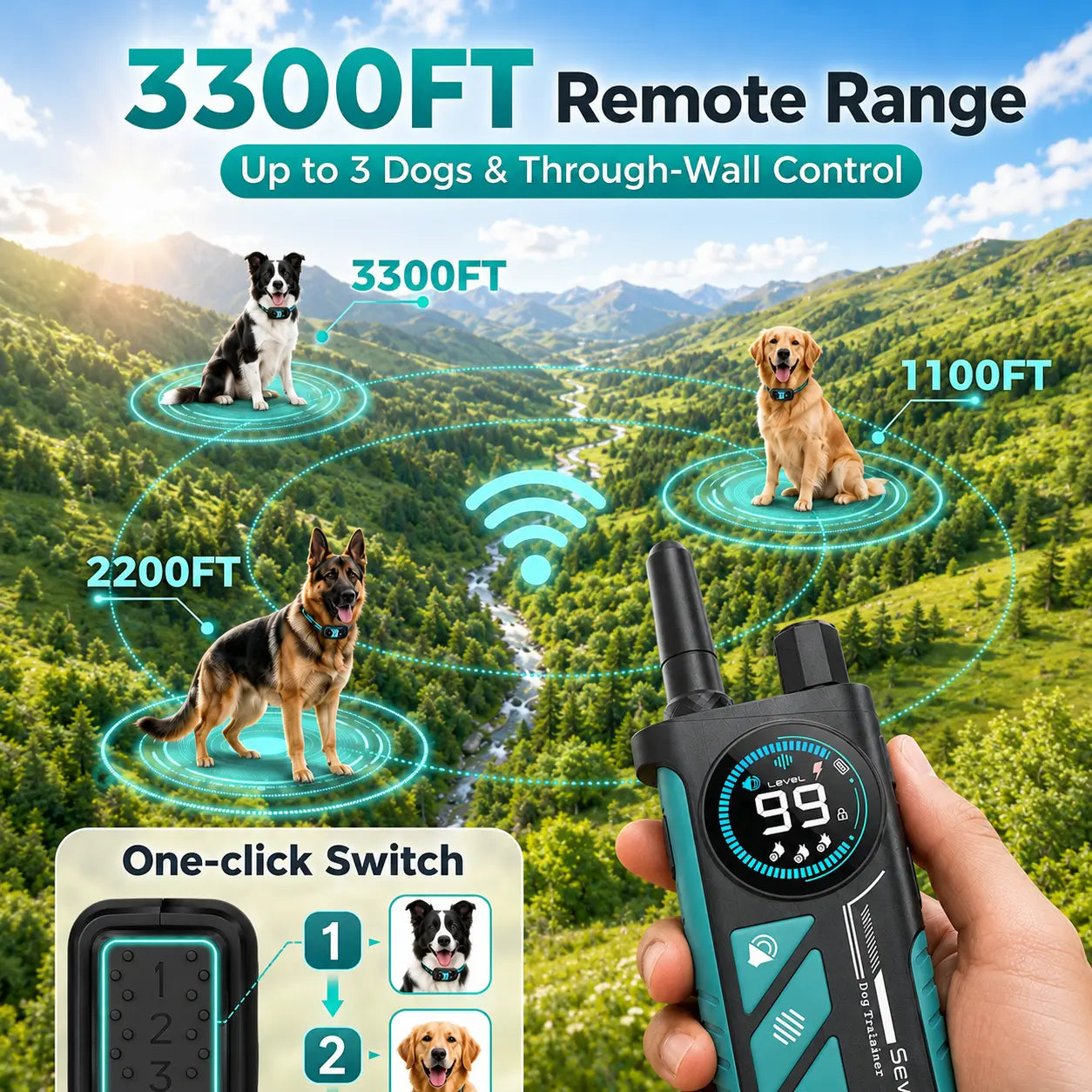 Sevy 3300FT Waterproof E-Collar with Four Training Modes: Beep, Vibration, Shock, and Anti-Bark for Small to Large Dogs - 2-Pack Rechargeable LCD Dog Training Collar with Remote Control for Two Dogs