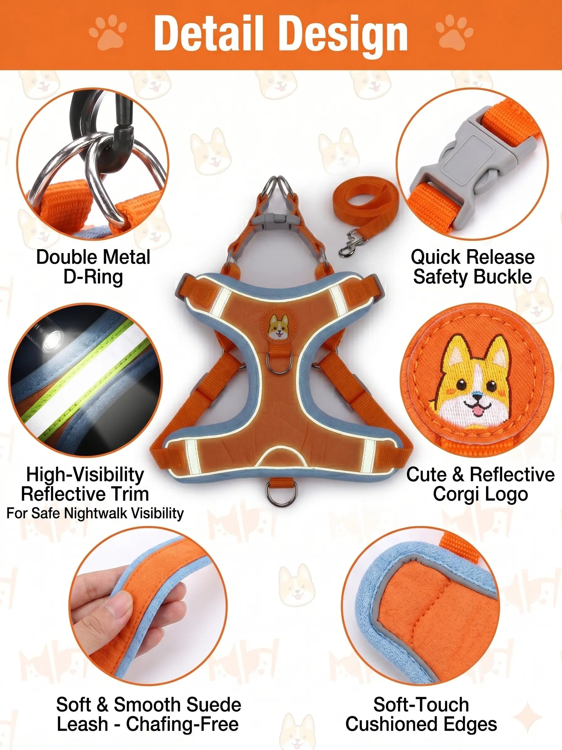 Adjustable 2-Pack Pet Harness and Leash Set, Soft Suede Vest, Durable Reflective Design, Tangle-Free Leash for Effortless Walking, Perfect for Daily Use and Nighttime Activities