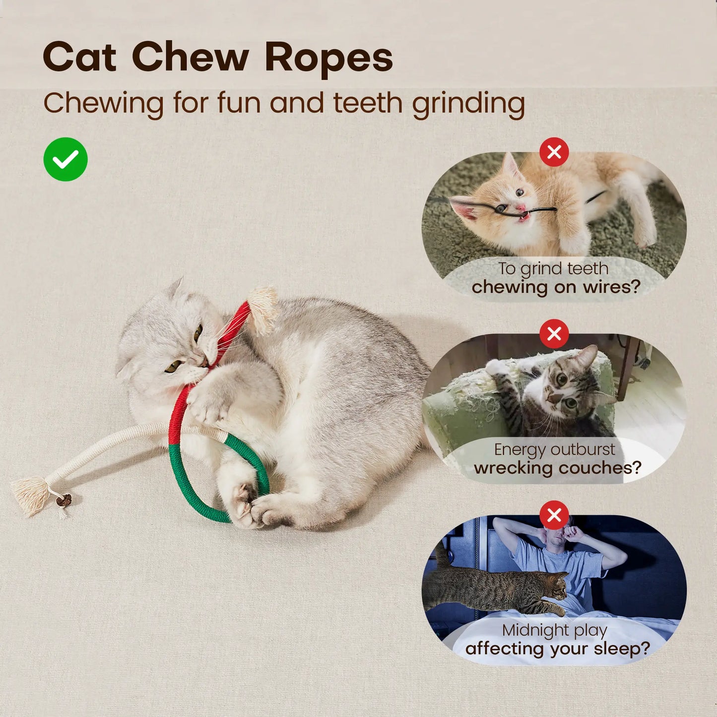 Potaroma 3-Pack Organic Cotton Snake Shape Interactive Cat Chew Ropes - Dental Care Toys for Indoor Kittens, Calming, Fights Tartar, Fresh Breath, Encourages Indoor Play, Tartar Fight Help, Keeps Breath Fresh,Back to School
